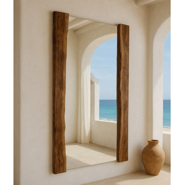 Modern farmhouse live edge full length floor mirror with raw organic timber slabs by WoodBee Craft
