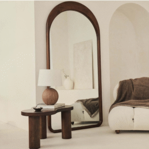 1 Modern farmhouse arched full length floor mirror with handcrafted walnut tone wood frame by WoodBee Craft