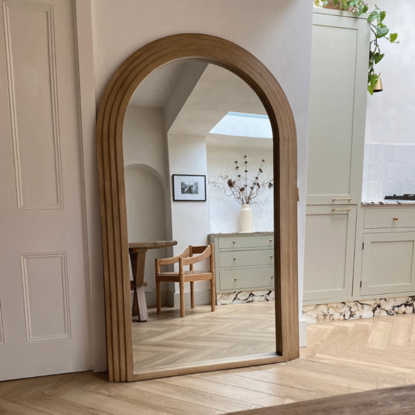 Modern minimalist arched full length floor mirror with handcrafted light wood frame by WoodBee Craft