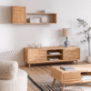 Modern minimalist slatted wood tv console with fluted sliding doors and tapered legs by WoodBee Craft