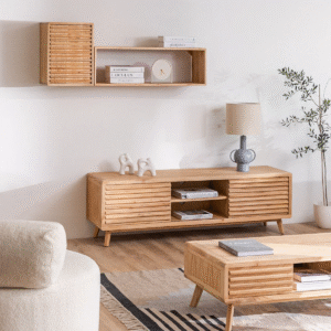 Modern minimalist slatted wood tv console with fluted sliding doors and tapered legs by WoodBee Craft