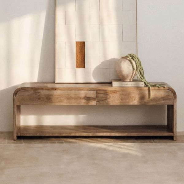 Modern minimalist low profile wooden tv stand with waterfall curved edges and dual storage drawers by WoodBee Craft