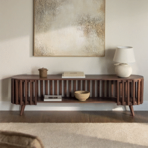 Modern minimalist slatted media console table with vertical wood slats and rounded capsule ends by WoodBee Craft