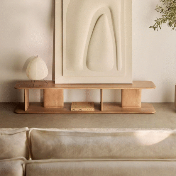 Modern minimalist wooden media console with capsule rounded corners and solid block pillar supports by WoodBee Craft