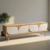 Modern minimalist Scandinavian style TV unit with natural wood frame and off white wave leaf cabinet doors by WoodBee Craft
