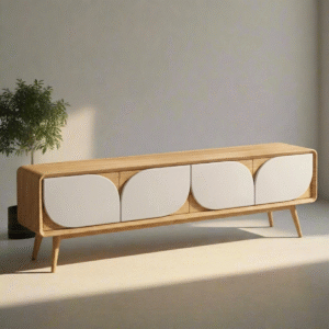 Modern minimalist Scandinavian style TV unit with natural wood frame and off white wave leaf cabinet doors by WoodBee Craft