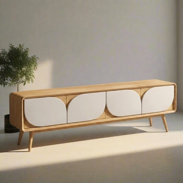 Modern minimalist Scandinavian style TV unit with natural wood frame and off white wave leaf cabinet doors by WoodBee Craft