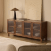 Modern minimalist reeded glass sideboard with four fluted glass doors and dark natural wood frame by WoodBee Craft