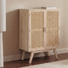 Modern minimalist woven cane sideboard cabinet with light natural wood frame and two mesh doors by WoodBee Craft