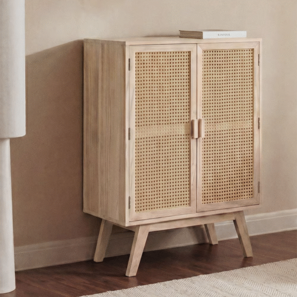 Modern minimalist woven cane sideboard cabinet with light natural wood frame and two mesh doors by WoodBee Craft