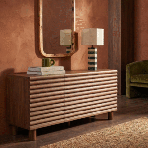 Modern minimalist horizontal fluted sideboard credenza with rich natural wood grain finish and cylindrical block legs by WoodBee Craft