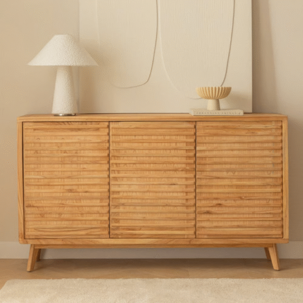 Modern minimalist slatted wood sideboard buffet with light natural finish and three ribbed cabinet doors by WoodBee Craft