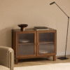 Modern minimalist fluted glass buffet cabinet with two reeded glass doors and warm natural wood frame by WoodBee Craft