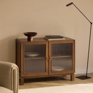 Modern minimalist fluted glass buffet cabinet with two reeded glass doors and warm natural wood frame by WoodBee Craft