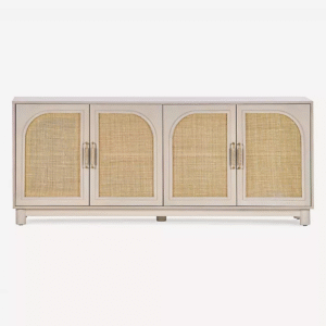 Modern minimalist arched cane sideboard with four arched woven rattan doors and off white wood frame by WoodBee Craft