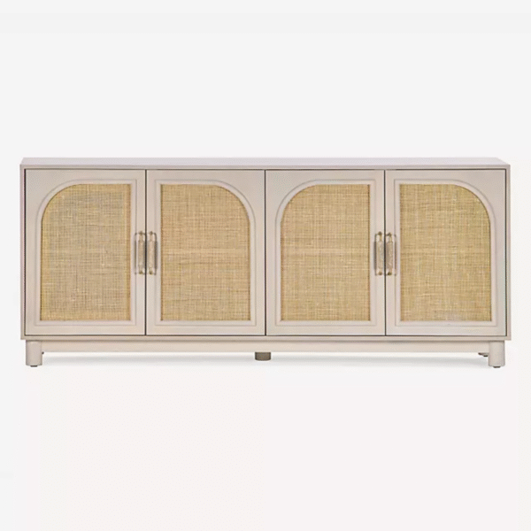 Modern minimalist arched cane sideboard with four arched woven rattan doors and off white wood frame by WoodBee Craft