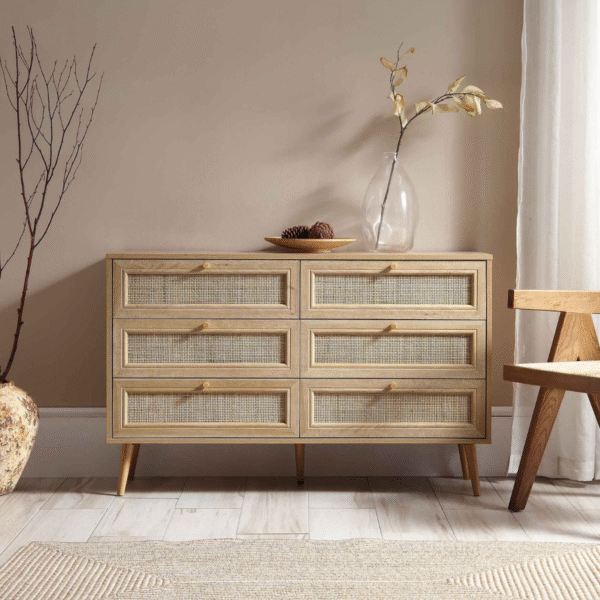 WoodBee Craft "The Rattan Horizon Double" Premium Natural Cane Dresser 6 Drawer