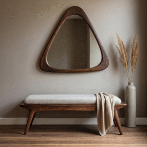Mid-century modern asymmetrical triangular wall mirror with rounded organic pebble frame by WoodBee Craft