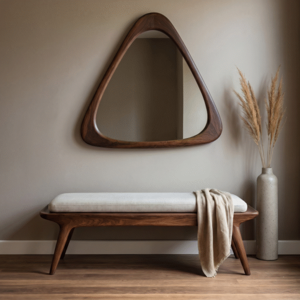 Mid-century modern asymmetrical triangular wall mirror with rounded organic pebble frame by WoodBee Craft