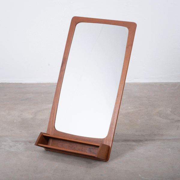Mid-century modern wooden wall mirror with integrated vanity pocket storage shelf by WoodBee Craft