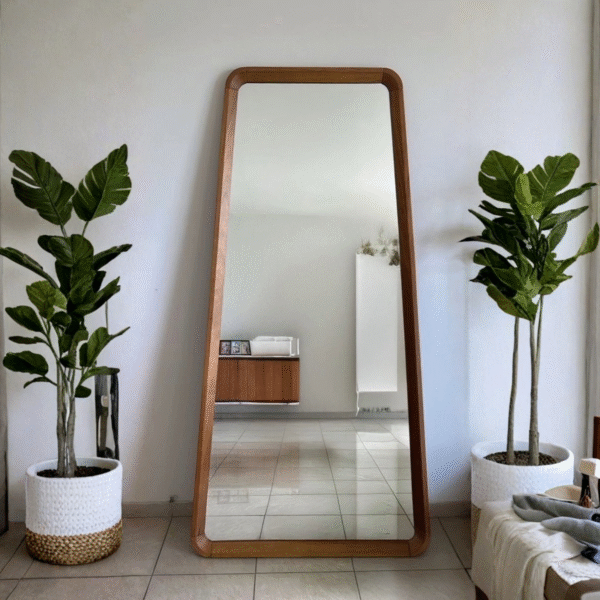 Mid-century modern tapered full length floor mirror with broad base and narrow top wood frame by WoodBee Craft