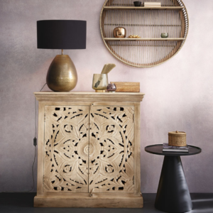 WoodBee Crafts Hand Carved 2 Door Mango Wood Cabinet