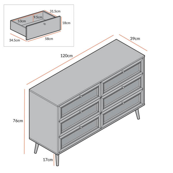 WoodBee Craft "The Rattan Horizon Double" Premium Natural Cane Dresser 6 Drawer