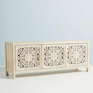 Modern farmhouse carved wood tv entertainment center media console with white distressed finish and three drawers by WoodBee Craft