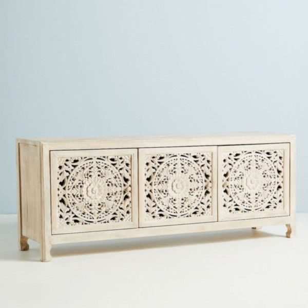 Modern farmhouse carved wood tv entertainment center media console with white distressed finish and three drawers by WoodBee Craft