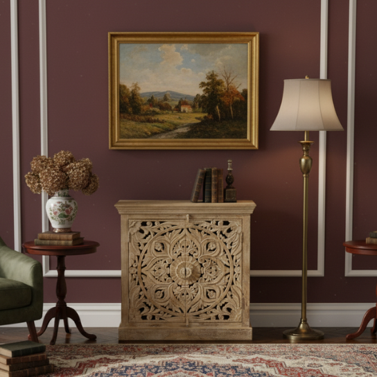 WoodBee Crafts Hand Carved 2 Door Mango Wood Cabinet