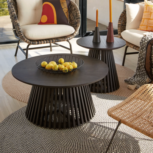 Modern minimalist round black coffee table with tapered slatted pedestal base by WoodBee Craft