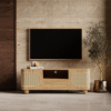 Modern minimalist rattan media cabinet with woven cane mesh panels and rounded corners by WoodBee Craft