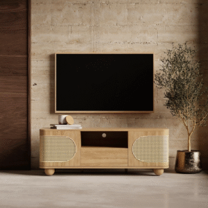 Modern minimalist rattan media cabinet with woven cane mesh panels and rounded corners by WoodBee Craft