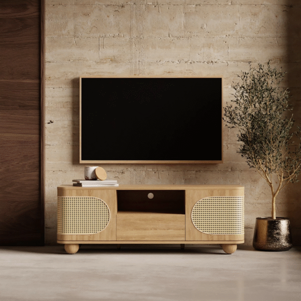 Modern minimalist rattan media cabinet with woven cane mesh panels and rounded corners by WoodBee Craft