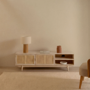 Modern minimalist boho rattan tv stand with light natural wood frame and woven cane cabinet doors by WoodBee Craft