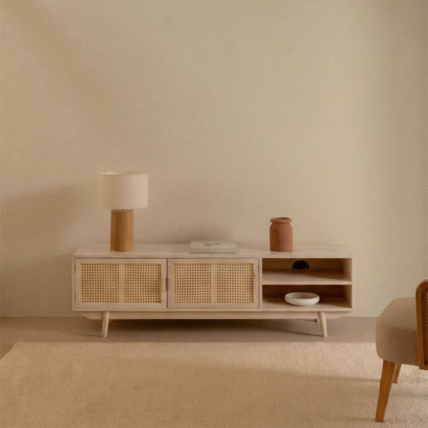 Modern minimalist boho rattan tv stand with light natural wood frame and woven cane cabinet doors by WoodBee Craft