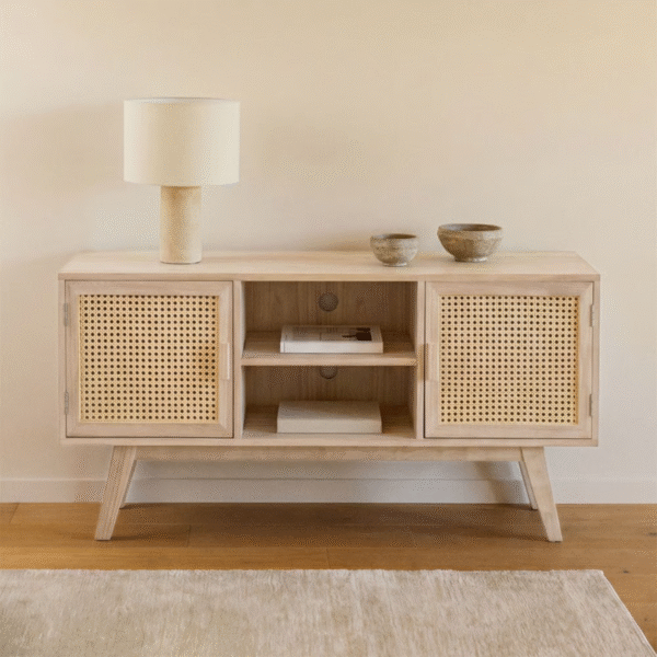 Modern minimalist cane entertainment center with natural woven rattan mesh doors and light wood frame by WoodBee Craft