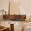 Modern minimalist low profile dark wood tv stand with seamless drawer fronts and retro tapered legs by WoodBee Craft