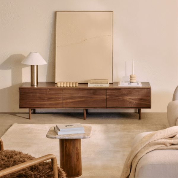 Modern minimalist low profile dark wood tv stand with seamless drawer fronts and retro tapered legs by WoodBee Craft