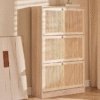 Modern minimalist rattan shoe storage cabinet with light natural wood frame and three pull down cane mesh drawers by WoodBee Craft