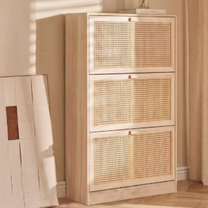 Modern minimalist rattan shoe storage cabinet with light natural wood frame and three pull down cane mesh drawers by WoodBee Craft