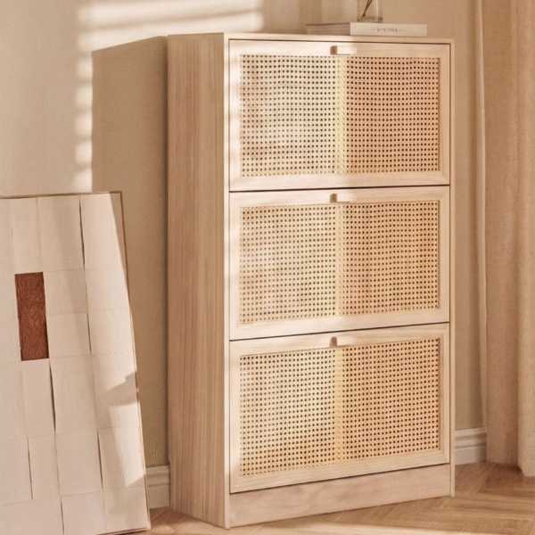 Modern minimalist rattan shoe storage cabinet with light natural wood frame and three pull down cane mesh drawers by WoodBee Craft