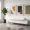 Modern minimalist white tv console with natural wood handle accent and tapered legs by WoodBee Craft