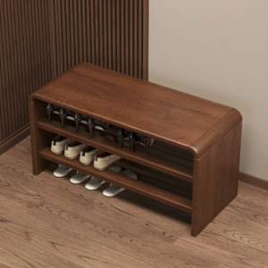 Minimalist wooden shoe rack bench by WoodBee Craft featuring a 3-tier storage shelf organizer with rounded edges, holding high heels and slippers in a modern entryway.