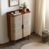 Modern minimalist cane shoe storage cabinet with dark natural wood frame and curved woven rattan doors by WoodBee Craft