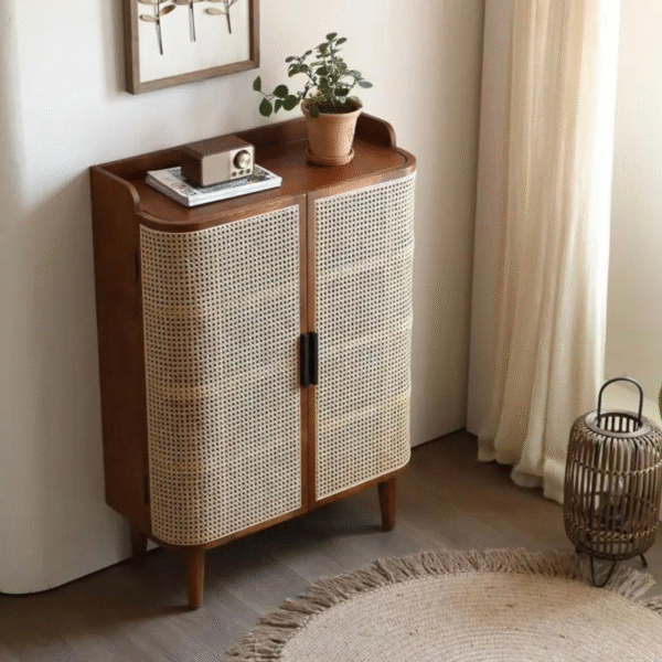 Modern minimalist cane shoe storage cabinet with dark natural wood frame and curved woven rattan doors by WoodBee Craft