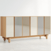 Modern minimalist wood panel sideboard with light natural frame and six seamless flush cabinet doors by WoodBee Craft