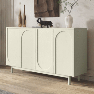 Modern minimalist white arched sideboard cabinet with four seamless doors and recessed capsule moldings by WoodBee Craft
