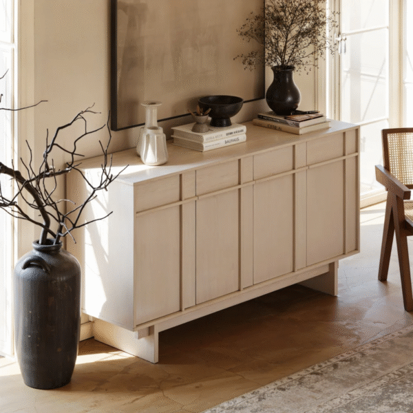WoodBee Craft "The Serene Grid" Premium Minimalist Washed Wood Sideboard
