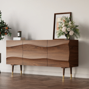 Modern minimalist sculpted wave wood sideboard with three section ripple facade and rich natural grain by WoodBee Craft